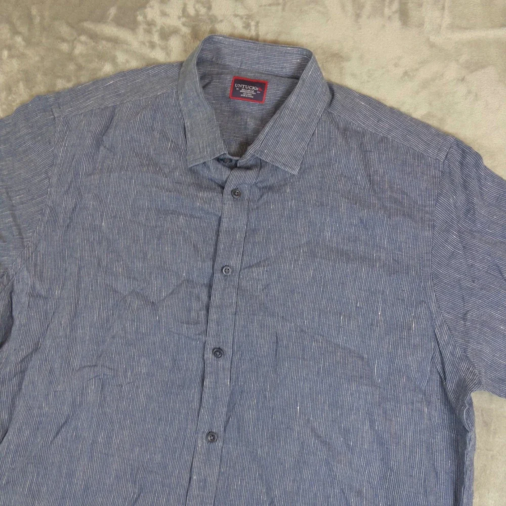 UNTUCKit Button Down Mens XX-Large Blue Linen Stripe Short Sleeve Shirt Casual